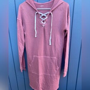 Pink Lace-Up Hoodie Dress